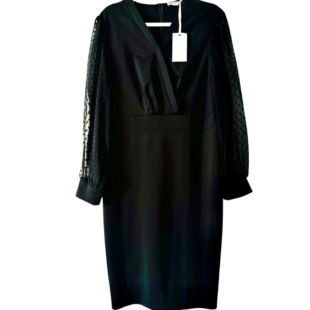 Grace Karin XXL NWT New Black V-Neck Midi Dress with Sheer Polka Dot Sleeves